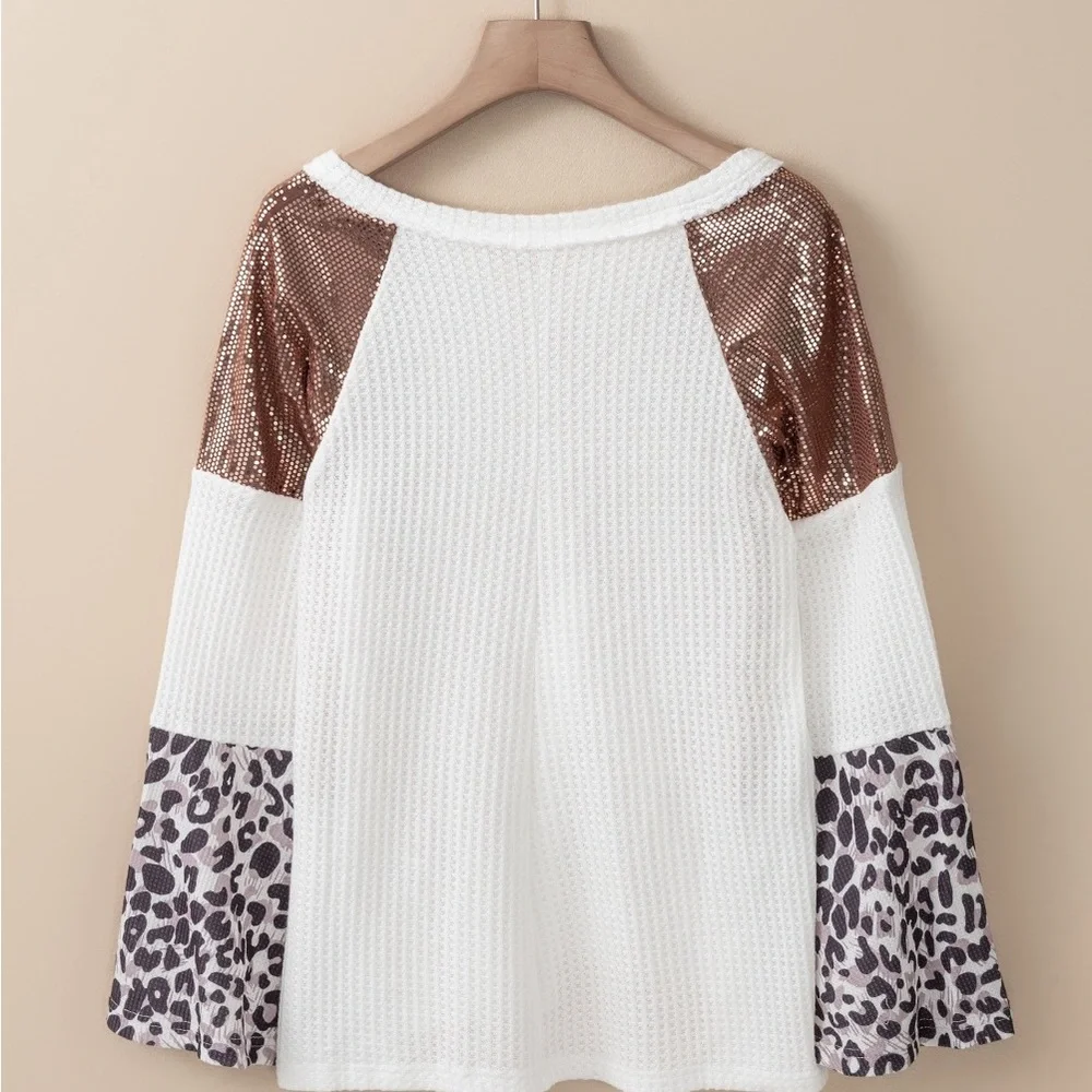 White Sequin Patchwork Bell Sleeve V Neck Tunic Top Bohemian Blouse - Picture 7 of 13